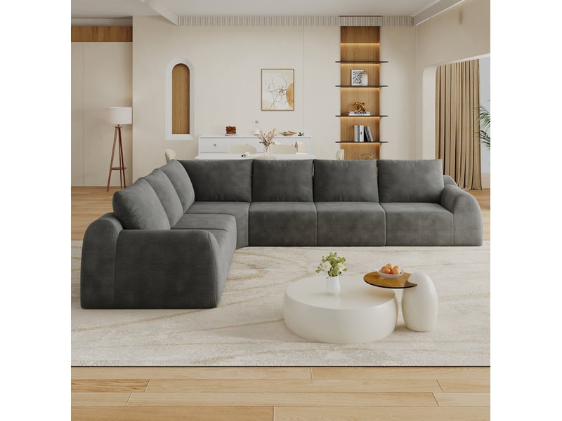  Canapé d'angle fixe 6 places en tissu gris foncé de 334 cm, idéal pour un salon spacieux et convivial  - Conforama E
