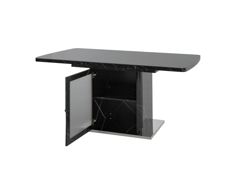  Table à manger extensible 120-160 cm, effet marbre noir, pied avec rangement, base métal  - Conforama E