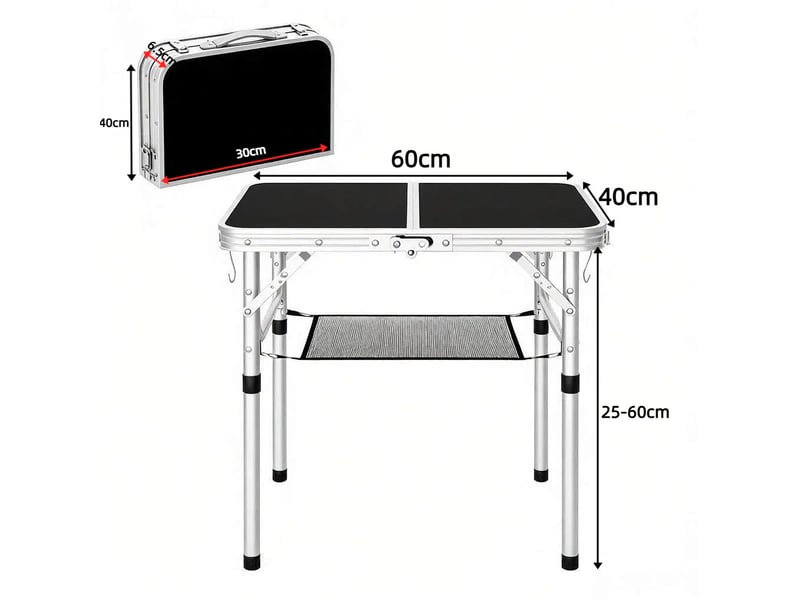  Table de jardin pliante réglable avec filet de rangement, portable pour balcon, camping et plage, noire, 60 × 40 cm  - Conforama E