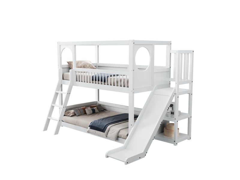 Lit superposé enfant 2 couchages 90x200 cm, toboggan, rangements, sommier à lattes, pin et mdf blanc sans matelas - Conforama A