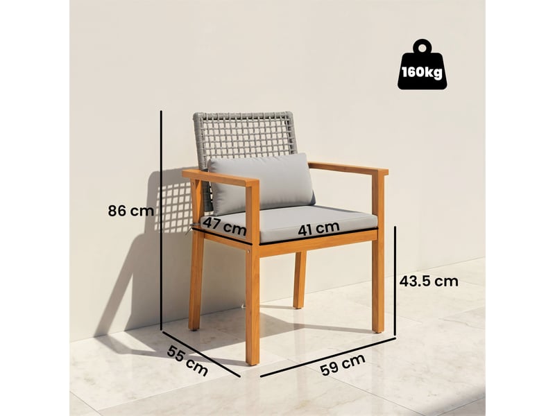  Ensemble de 2 chaises de jardin empilables en bois d'acacia avec coussins, 59 x 55 x 86 cm, coloris gris et bois  - Conforama E
