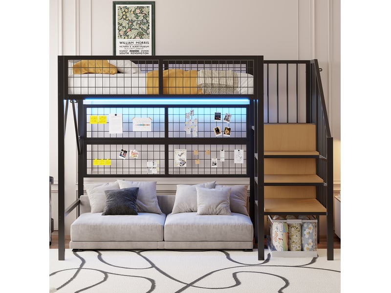  Modenvie lit mezzanine 90x200 cm - escalier avec rangement, led contrôlée par application, sans matelas - noir  - Conforama B