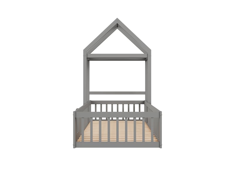  Lit enfant 90x200 cm avec étagère et penderie ouverte, barrière de sécurité, sommier à lattes, gris, sans matelas  - Conforama E
