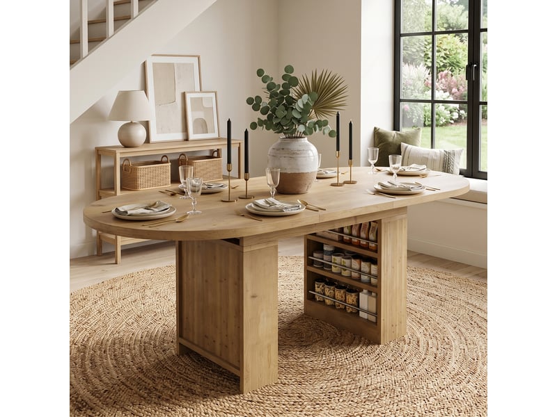  Table à manger extensible 150-200x90x76 cm pour 6-8 personnes, rangement intégré, plateau épais style scandinave, mdf, effet chêne  - Conforama C