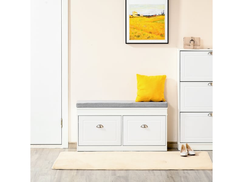  Banc à chaussures en bois gain de place avec coussin, 2 tiroirs et étagère réglable pour 8 paires de chaussures, 104 x 24 x 55 cm, blanc  - Conforama C