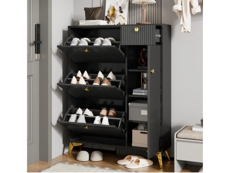  Meuble à chaussures 90×121×25cm, 3 rabats + tiroir + porte, noir  - Conforama B