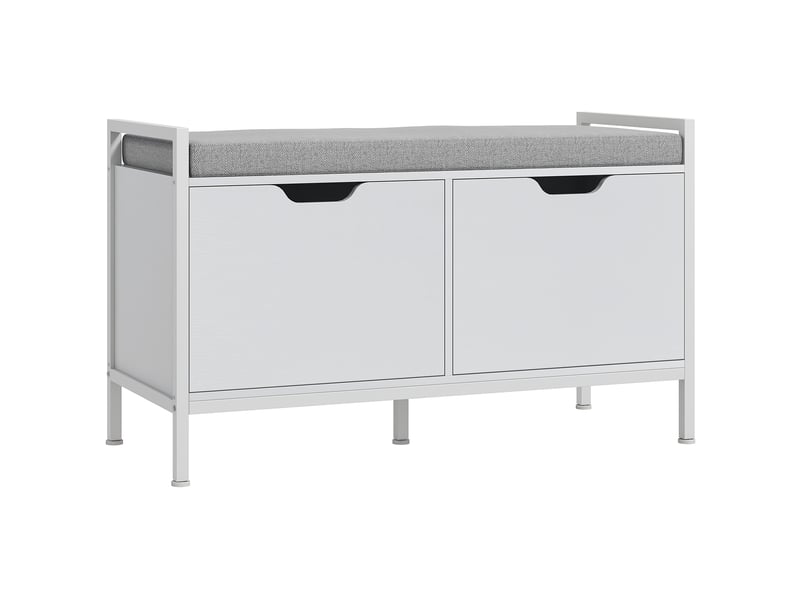  Banc meuble à chaussures, 2 placards, meuble d'entrée avec coussin rembourrée, 84l x 35p x 50h cm, blanc  - Conforama B