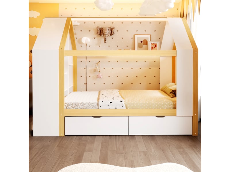  Lit cabane enfant 90x200 cm - 2 tiroirs et rangement - led - lit multifonction en bois - lit 1 place - blanc  - Conforama D