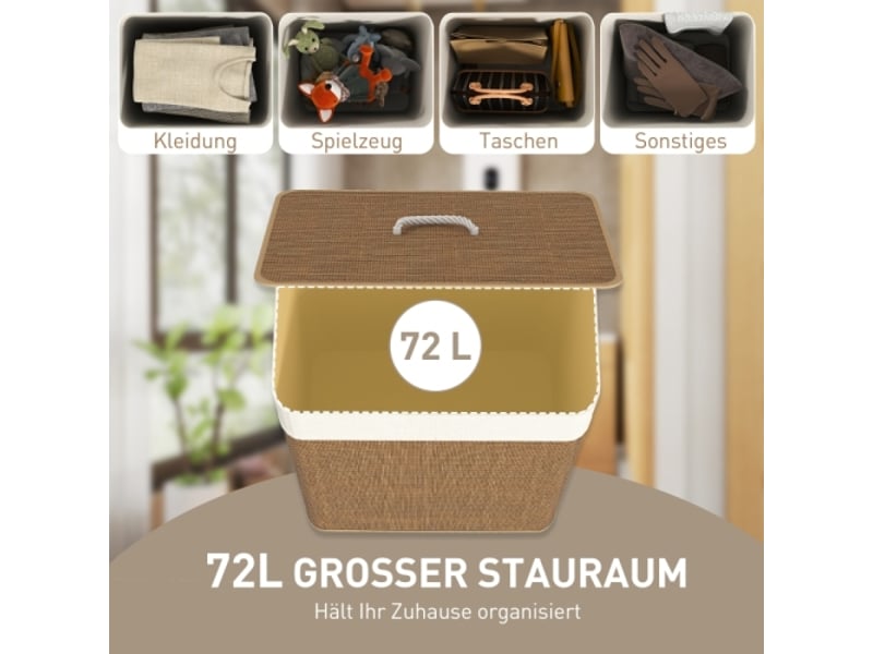  Panier à linge en bambou 72 l avec couvercle, sac amovible, poignées en corde, marron  - Conforama E