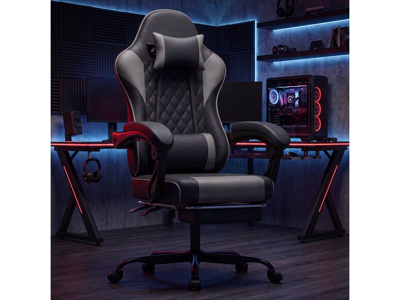  Fauteuil gaming de bureau pvc noir et gris, repose-pieds et dossier inclinable  - Conforama B