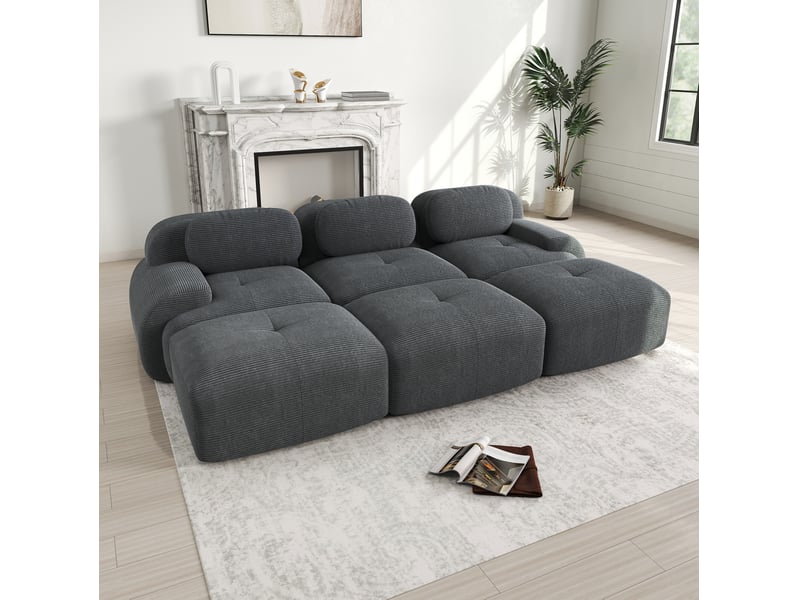  Canapé d'angle modulaire ulevr 3 places avec 3 poufs, 298 x 178 cm, velours côtelé gris, sans montage  - Conforama E