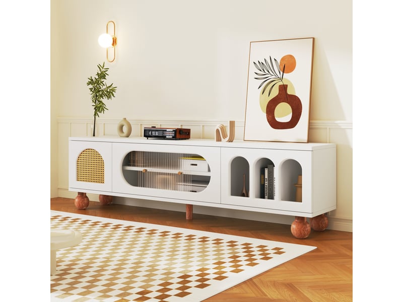  Meuble tv, 170x47x37 cm, bois massif, rotin, verre, portes coulissantes, poignées dorées, portes en arche, design moderne et élégant pour salon  - Conforama E
