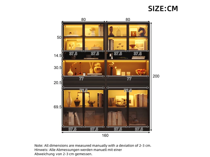  Lot de 2 vitrines avec 8 portes vitrées, 2 tiroirs et éclairage led à commande vocale pour salon en mdf noir  - Conforama C