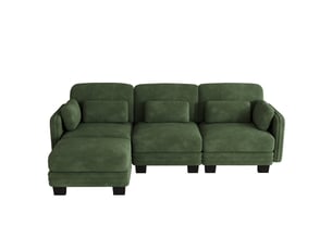 Canapé d’angle 3 places, forme l modulable, chenille, coussins lombaires et d’accoudoirs inclus, 1 ottomane, 253 × 143 × 88 cm, vert