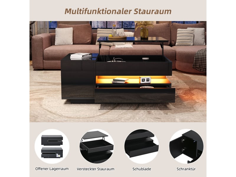  Table basse relevable avec tiroir, placard et led, rangement caché pour salon en panneau de particules noir 95×50×40 cm  - Conforama E