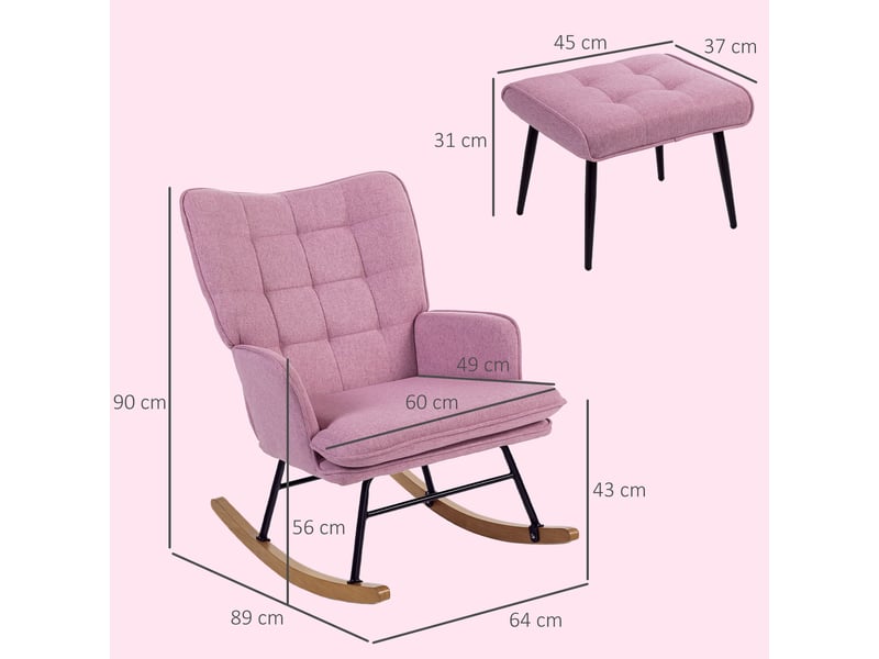  Fauteuil à bascule avec repose-pieds, coussin rembourré, accoudoirs, dossier haut, pieds en bois, capacité de charge 130 kg, rose  - Conforama E
