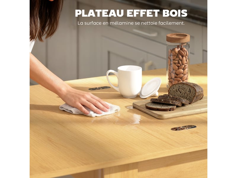Table à manger extensible rectangle pour 4 à 6 personnes, table de cuisine 70-140 cm, patins en feutre, bois naturel - Conforama R
