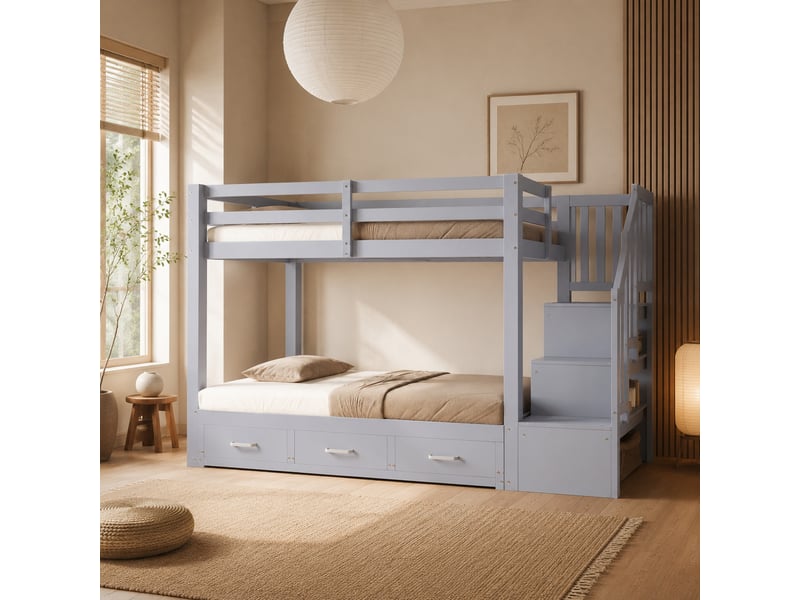 Lit superposé 90x200 cm, escalier avec 3 tiroirs, lit gigogne 90180x190 cm inclus, sommier à lattes, bois et mdf gris - Conforama B