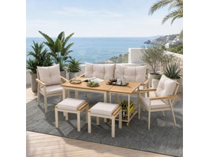 Salon de jardin,6-7 places avec desserte mobile,acacia,beige et naturel