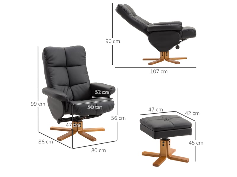  Fauteuil relax avec repose-pieds 80x86x99 cm pivotant 360° inclinable 145° bois polyuréthane (pu) noir  - Conforama D