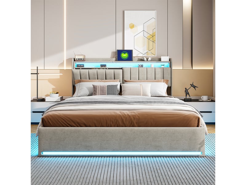  Lit rembourré 140 x 190 cm avec rangement, lit double avec éclairage led et port usb, lit hydraulique avec tête de lit et sommier à lattes, lit pour adolescent, velours, gris 250616WXL0602#ADnSpHWFN4DELLM - Conforama C