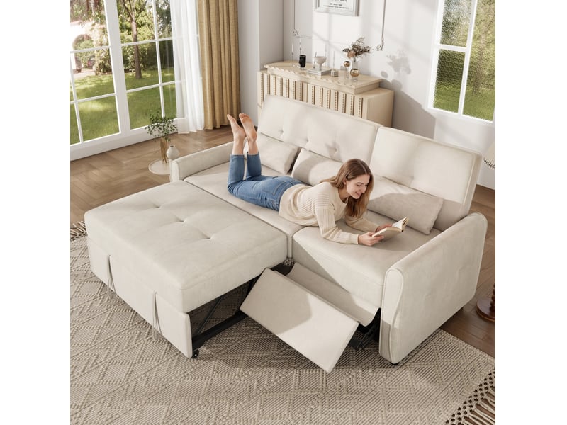 Canapé convertible 3 places 176 x 148 x 83 cm beige en chenille, dossier réglable et surface extensible - Conforama B