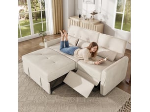 Canapé convertible 3 places 176 x 148 x 83 cm beige en chenille, dossier réglable et surface extensible