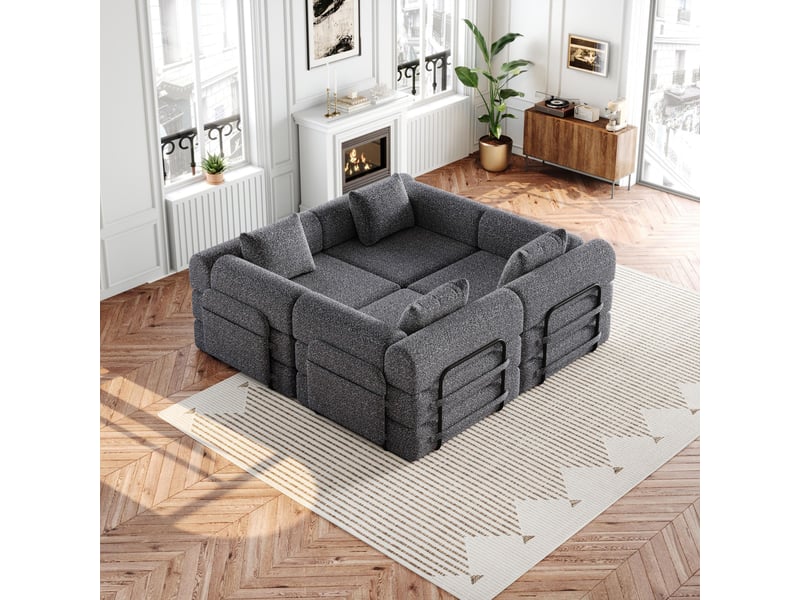  Canapé convertible 4 places - 368x91x70cm - chauffeuse lit chenille, poches rangement, cadre acier - gris foncé  - Conforama C