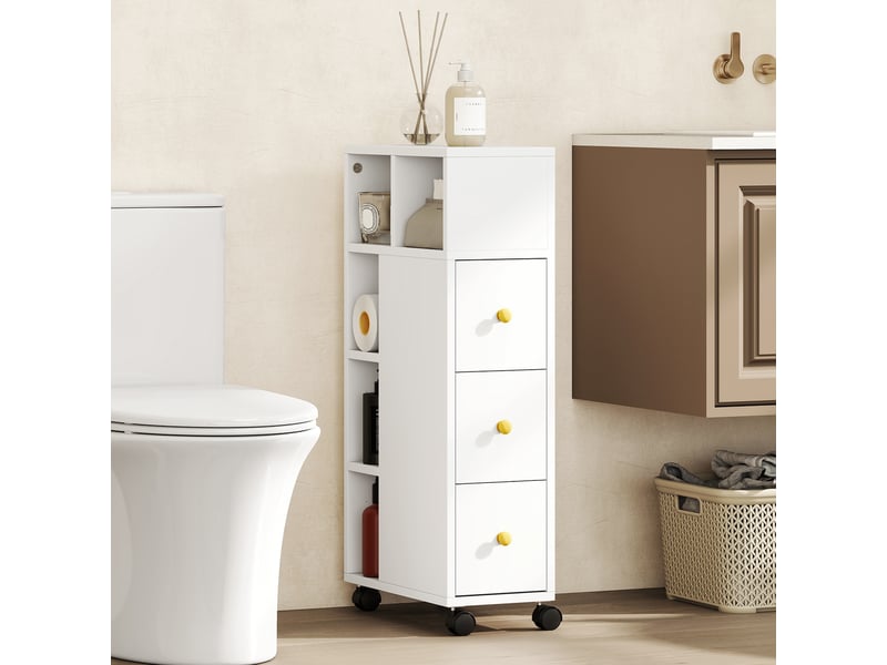  Meuble de salle de bain à roulettes, meuble de rangement étroit, 3 tiroirs, 5 compartiments ouverts, blanc,  20x40x80cm  - Conforama D
