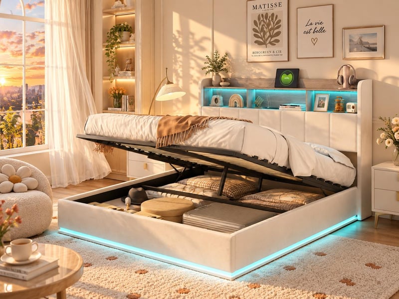  Lit coffre 140x200 cm - led intégrée - tête de lit avec rangement - ports usb + type-c - velours  - Conforama B