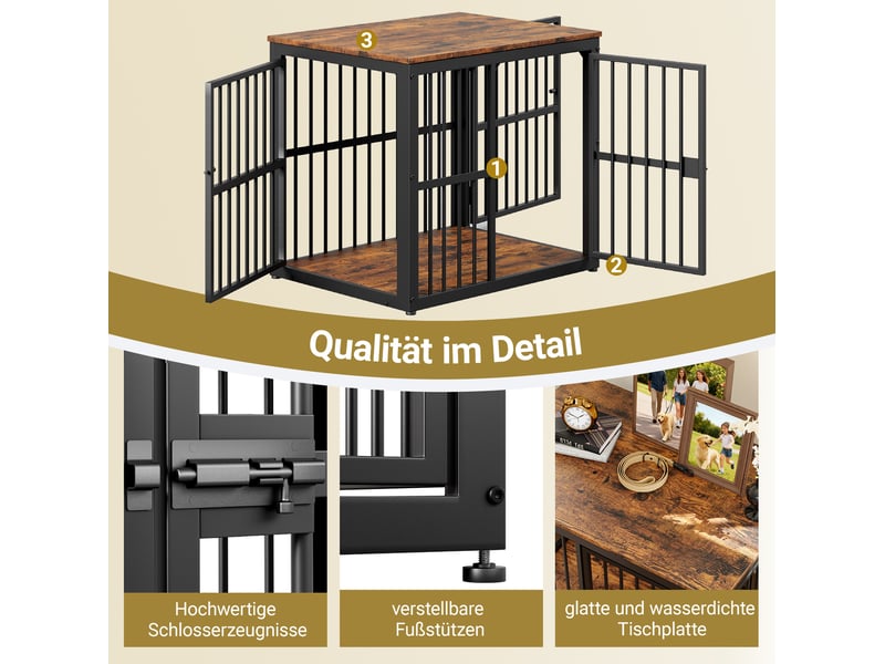  Cage meuble pour félins de compagnie 68,4x53x61 cm – noir et marron – 3 portes, table d'appoint empilable  - Conforama E
