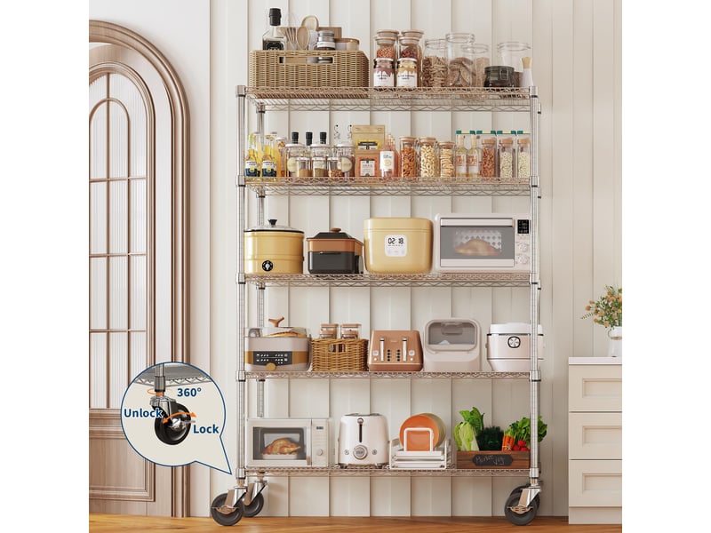  Rayonnage métallique étagère chromée ultra-résistante 5 niveaux, 4 roulettes, 119x46x180cm, cuisine garage cellier bureau pro PHK_3AFQHKTB - Conforama E
