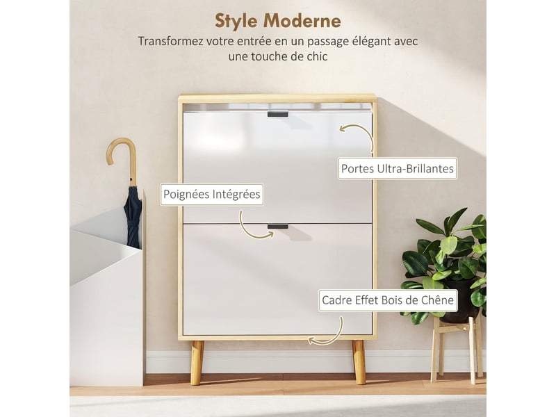  Meuble à chaussures, armoire à chaussures étroite, 2 tiroirs rabattables, portes haute brillante, 60x24x91cm, blanc  - Conforama D