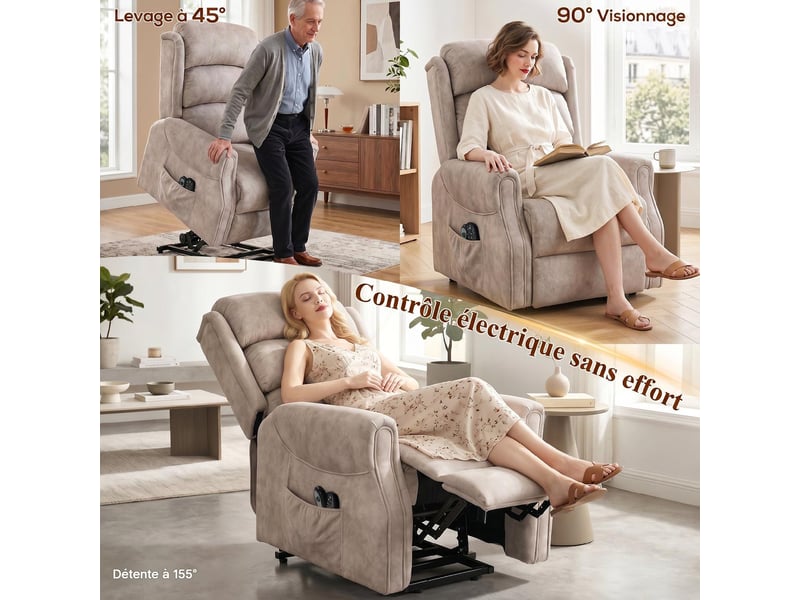  Fauteuil releveur électrique massant et chauffant en velours beige 160x80x82 cm  - Conforama D