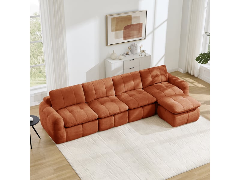  Canapé d’angle modulable 4 places en chenille orange – 334 x 160 x 68 cm Fay Lum - Conforama W