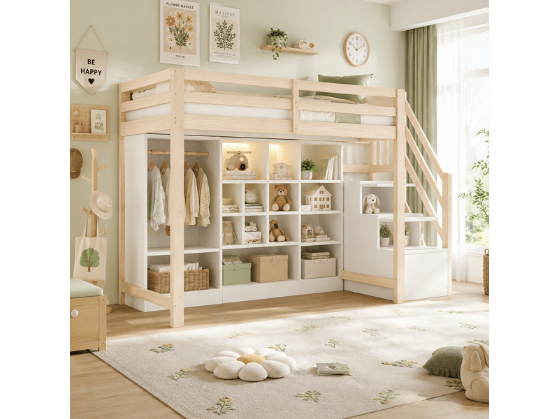  Lit surélevé 90 x 200 cm, rangements, penderie, échelle latérale et éclairage led, finition bois et blanc  - Conforama D