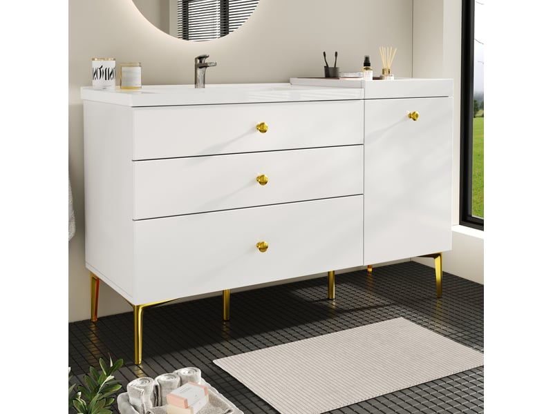 Meuble sous vasque avec lavabo en céramique, 5 tiroirs et placard pour salle de bain, blanc, 120 × 47,5 × 80 cm - Conforama C