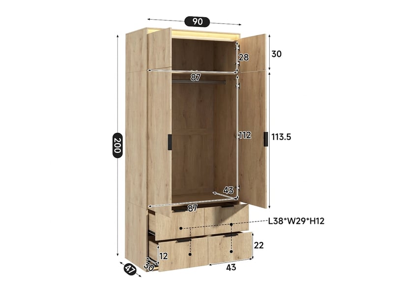  Vestiaire d'entrée complet avec miroir et éclairage led, finition chêne anthracite, 180x47x200 cm  - Conforama E