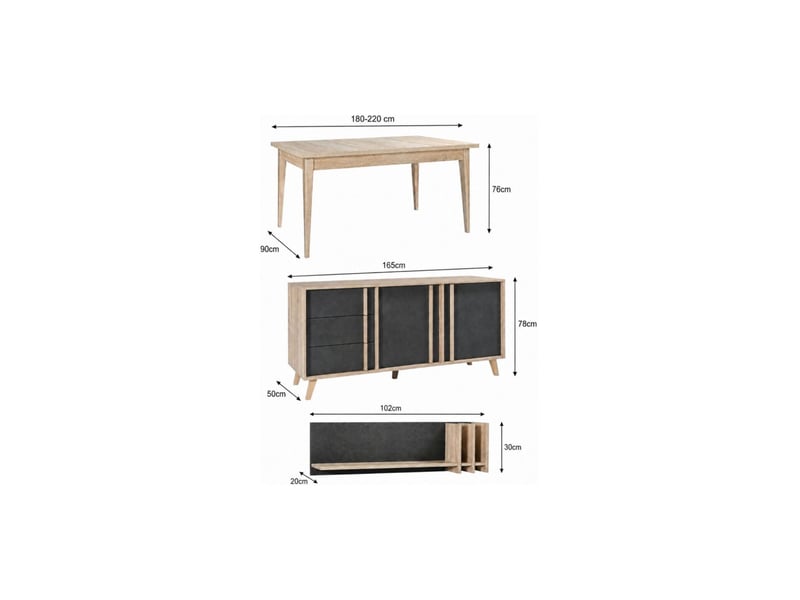  Salle à manger complète malmo avec table extensible 180-220 cm, buffet 165 cm et étagère murale – chêne clair et gris  - Conforama C