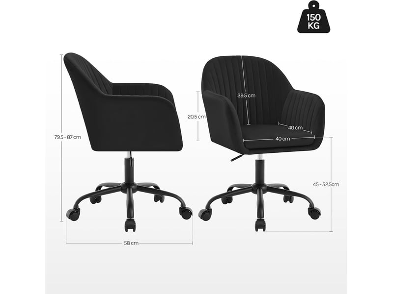 Chaise de bureau en velours,noir, fauteuil pivotant ergonomique, siège rembourré - Conforama D