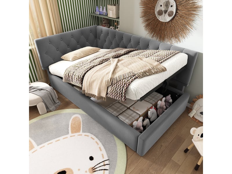  Lit banquette enfant rembourré 90x200 cm avec coffre hydraulique, dossier en l réversible, sommier à lattes, velours gris Radiant Stride - Conforama B