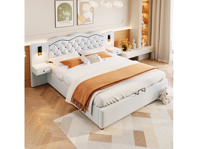  Lit coffre 2 places180x200 cm avec tête de lit, éclairage et usb beige  - Conforama D