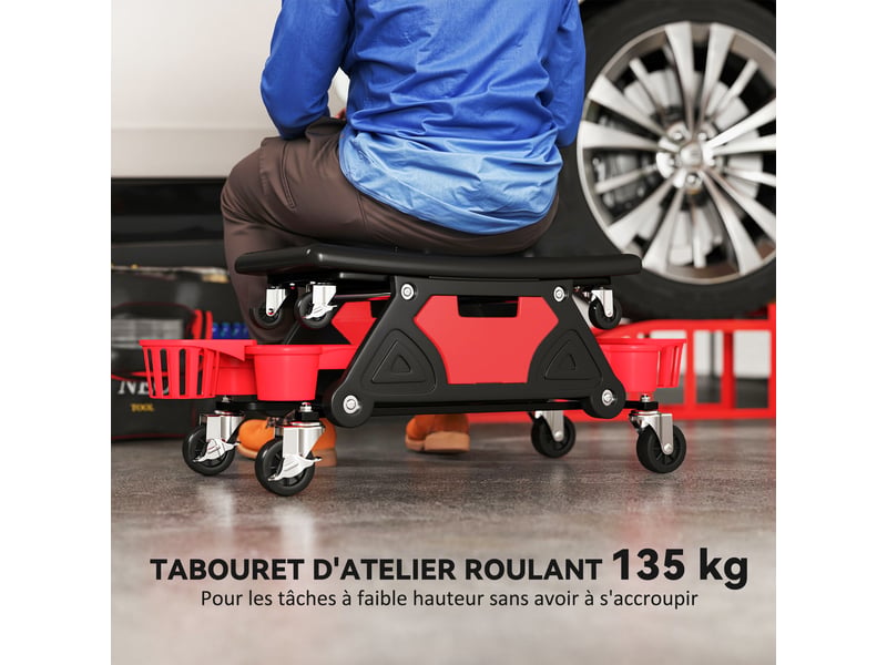  Tabouret d'atelier rouge mobile avec roulettes rotatives à 360° supportant 135 kg et plateaux dimensions 86x33x33 cm  - Conforama E