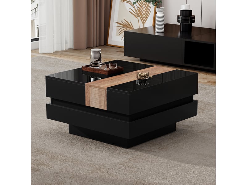  Table basse carrée à plateau coulissant avec rangement, 70x70x39 cm, noire  - Conforama D
