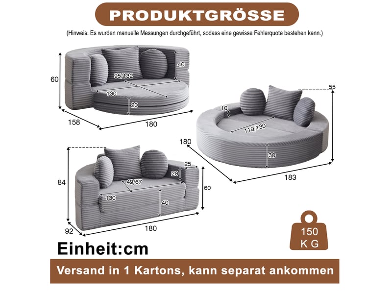  Canapé convertible 4 en 1 compressé, 180x92x84 cm en mousse confort  et velours côtelé couleur gris, simple  - Conforama C