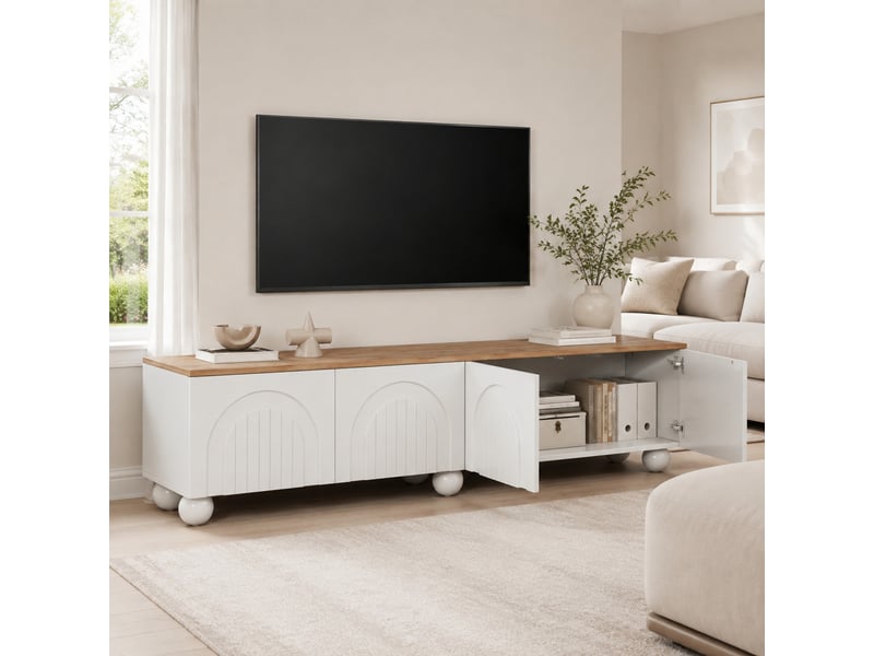  Meuble tv 180 x 40 x 45 cm avec 4 portes et 6 pieds en métal, blanc et bois  - Conforama B