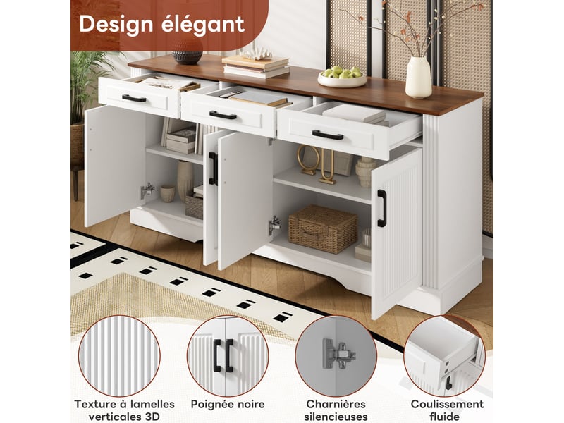  Buffet 160x40x75 cm, 4 portes rainurées, 3 tiroirs, étagères intérieures, poignées noires, rangement salon salle à manger - blanc  - Conforama D