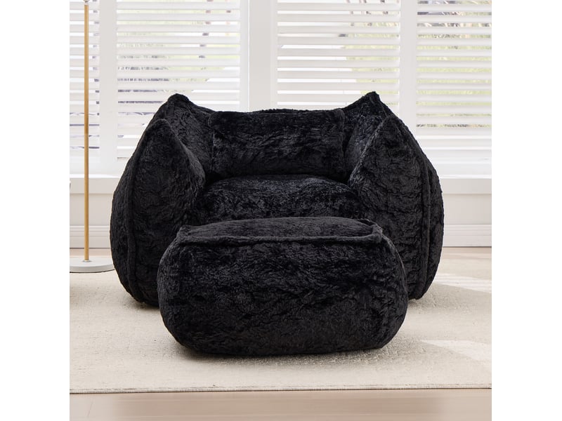 Fauteuil pouf avec repose-pieds et dossier enveloppant pour lecture et jeux, adultes et enfants, en fausse fourrure noire - Conforama D