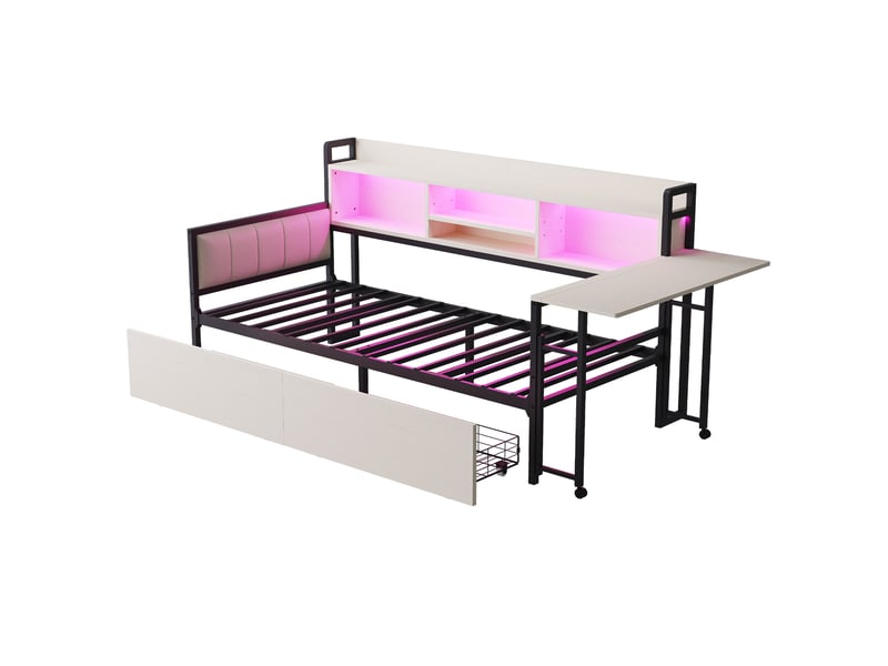  Lit enfant 90 x 200 cm tiroirs rangement led bandeau prise intégrée bureau escamotable dossier métal blanc sans matelas  - Conforama R