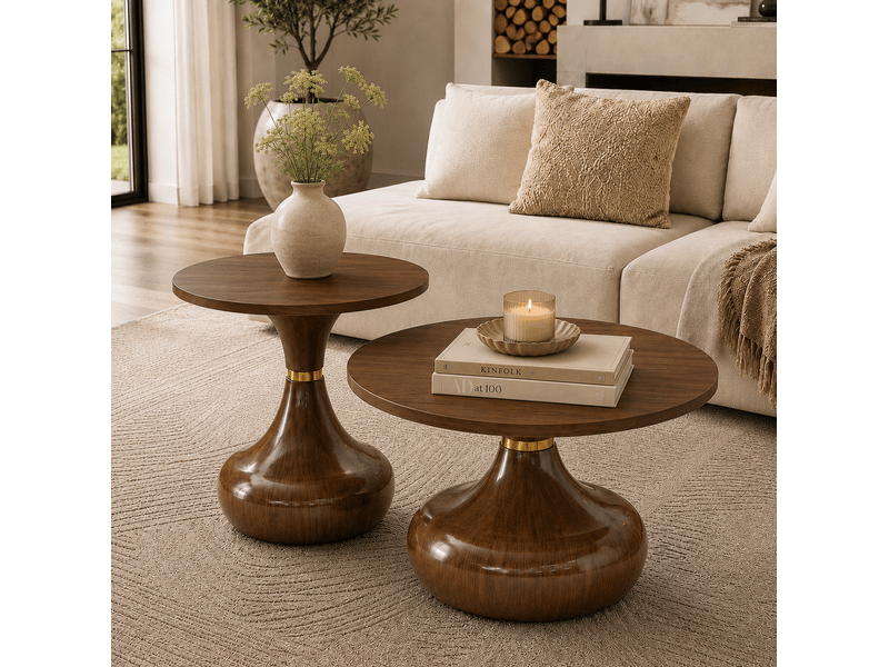  Table basse et table d'appoint rondes lot de 2 effet noyer avec socle stable en mdf et métal pour salon et chambre  - Conforama C